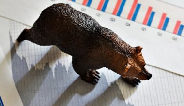 A bear figurine walks across a stock price chart.