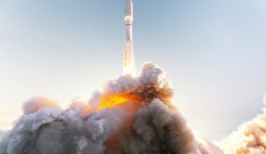 Rocket taking off leaving a cloud of smoke beneath.