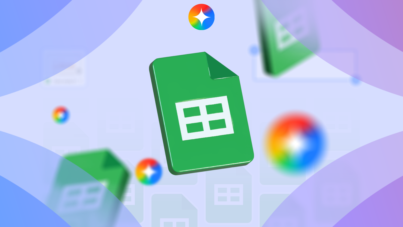 A 3D Google Sheets icon surrounded by colorful Gemini sparkle logos on a purple background.