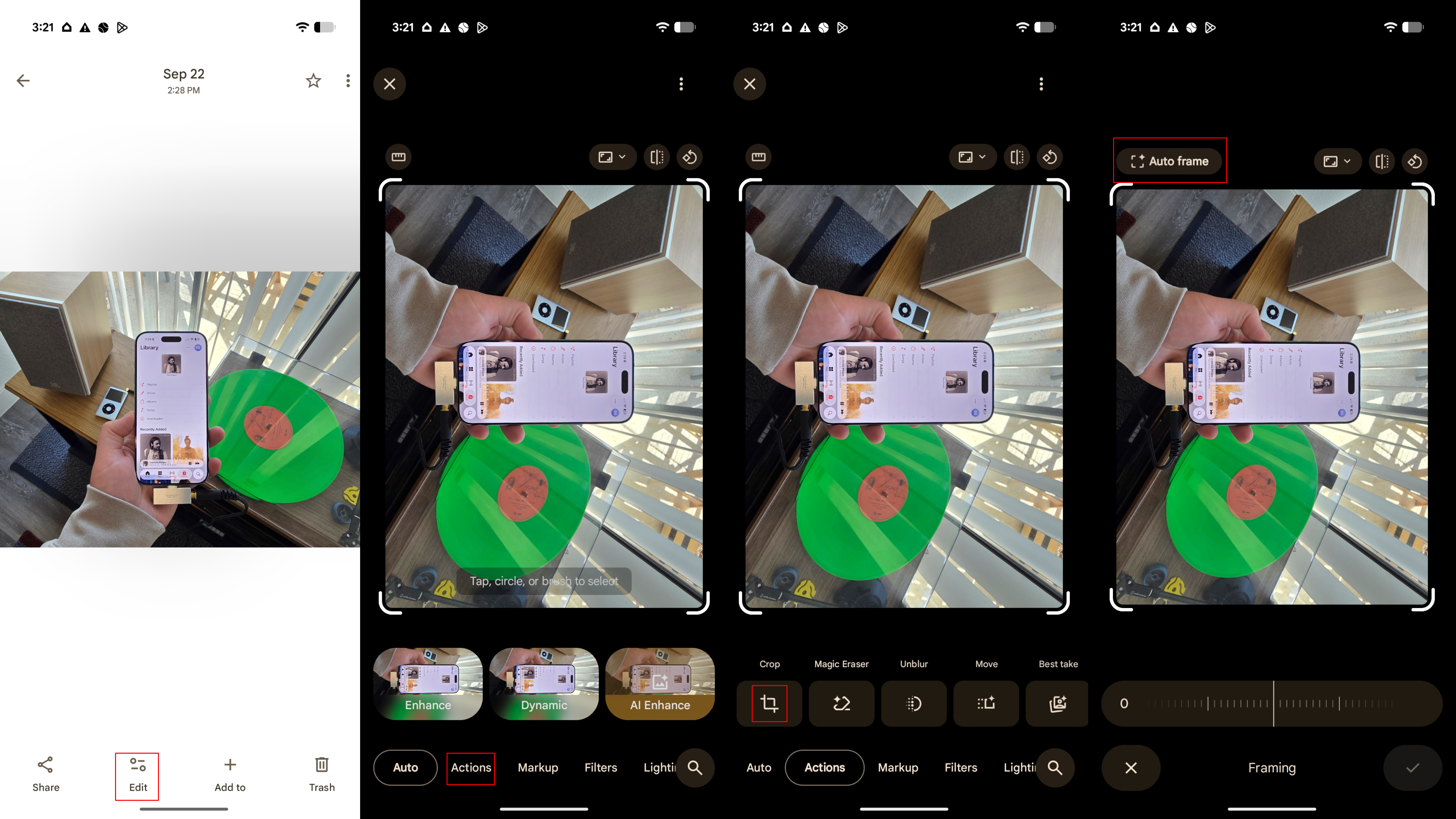 Using auto frame to crop an image in Google Photos.