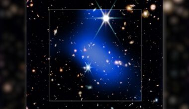 A bright blue streak of light is seen covering a series of bright stars in this dark deep space image. A white box surrounds the blue shape