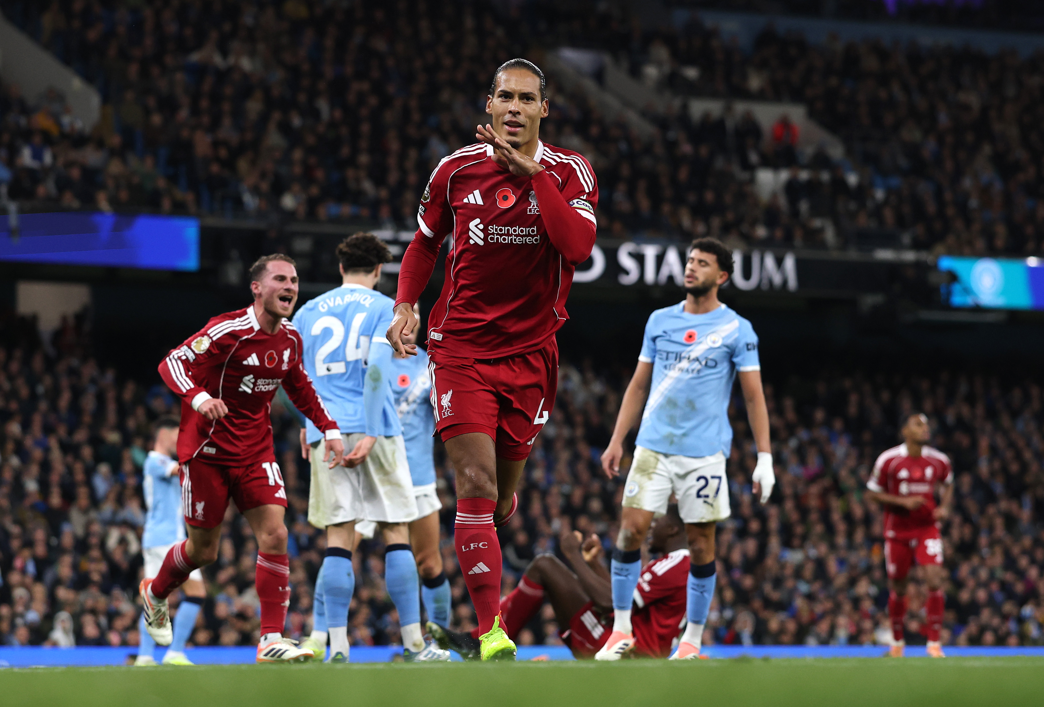 Virgil van Dijk celebrates scoring against Man City in November, only for the goal to be chalked off by VAR