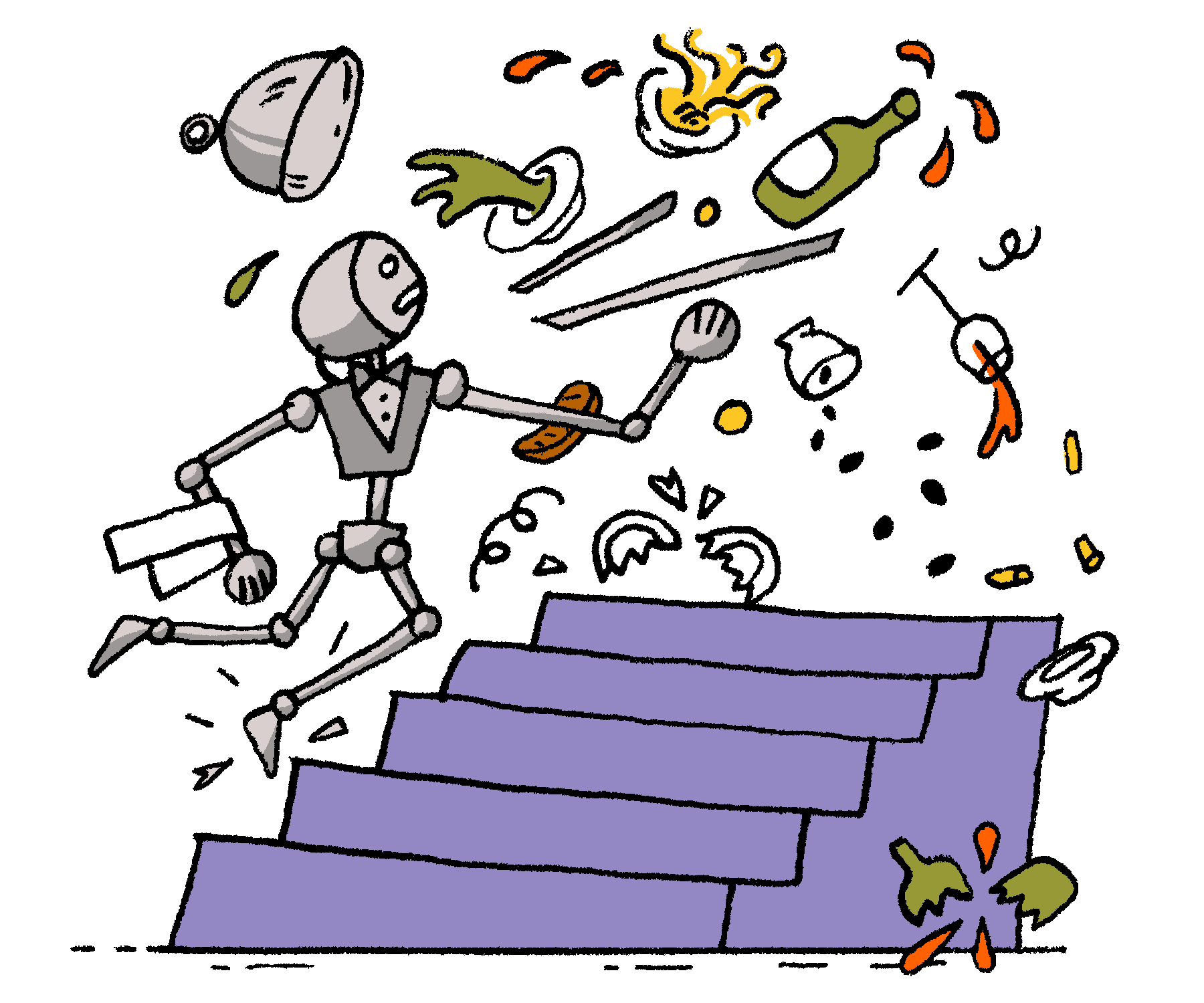 an illustration of a robot butler tripping up some stairs. Food and drinks fly everywhere.
