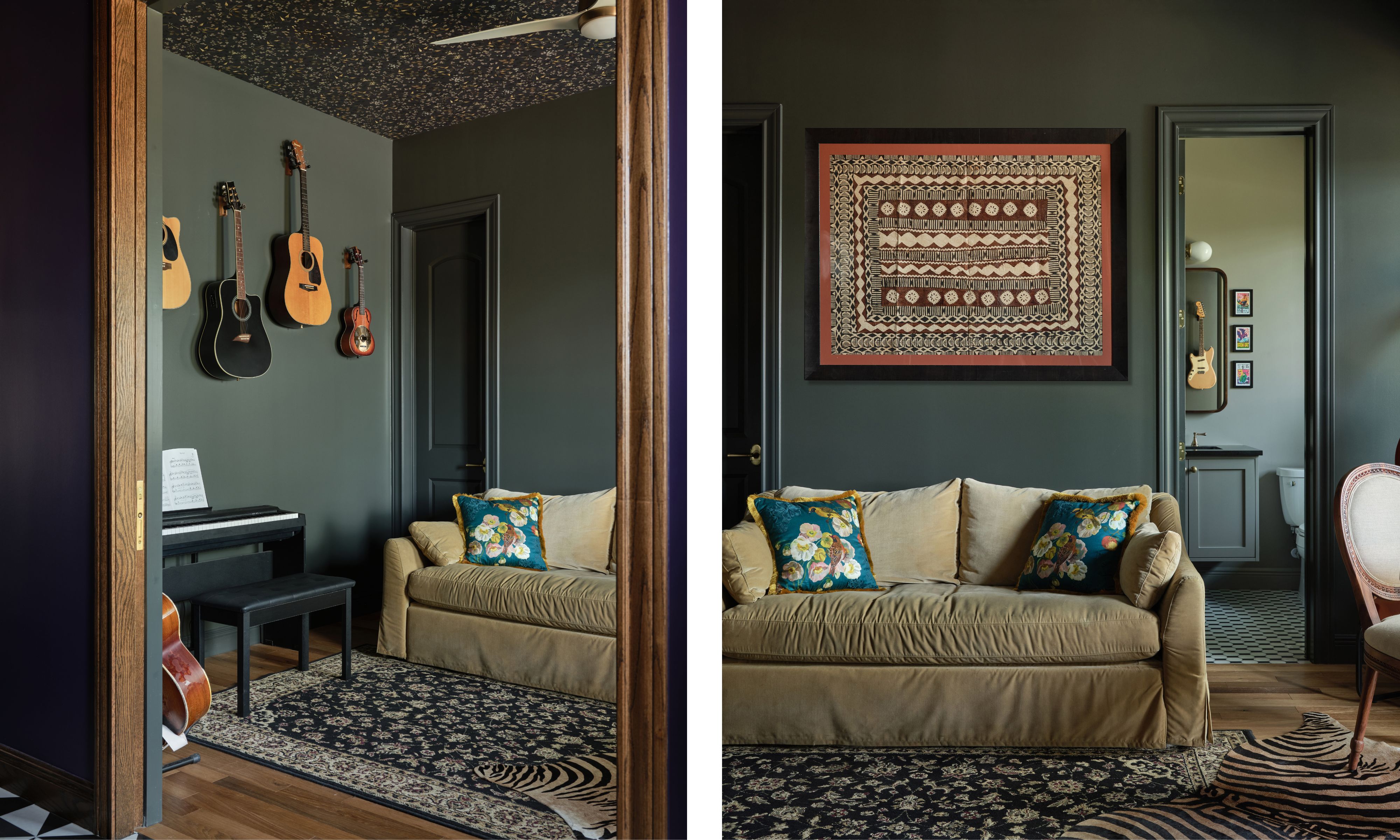 two shots next to each of the same den from different angles, showing a dark gray wall, patterned wallpaper on the ceiling and mustard sofa with guitars on the wall
