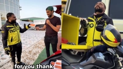 A Pakistani delivery agent was left stunned when a Dubai YouTuber gifted him an iPhone 17 Pro. (Instagram/movlogs)