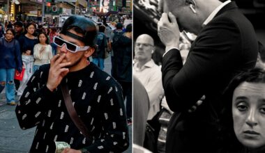 On the left, a man in sunglasses and a cap smokes in a busy street; on the right, in black and white, a person in a suit covers their face while a woman in front looks tired or sad among a crowd.