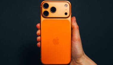 Krakow, Poland - November 6, 2025. Close-up editorial image shows a hand holding the latest Apple iPhone 17 Pro Max in Cosmic Orange, against a black background, highlighting the phone&rsquo;s unique colour and camera design. The shot captures current consumer technology trends and the distinct design choices of Apple devices. This editorial photo is suitable for articles, reviews, and technology news related to smartphones, Apple products, or mobile innovation.