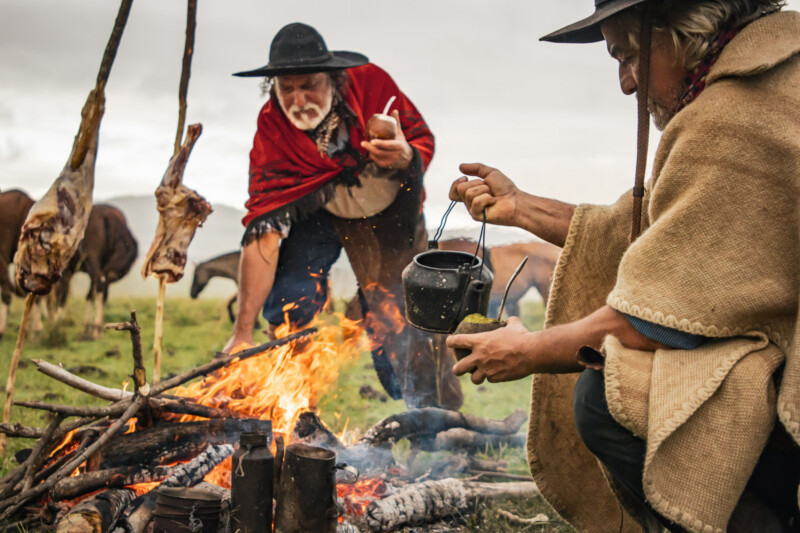 Two people in traditional South American attire cook over an open fire outdoors, with meat roasting on sticks and one person pouring from a kettle while another holds a cup. Horses graze in the background.