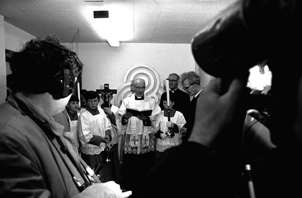 r Tomás Ó Concheannain at RnaG studios celebrating the opening of RTÉ Raidió na Gaeltachta on 2 April 1972. Photographer Roy Bedell.