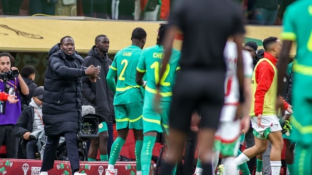 Senegal's coach Pape Thiaw tells team to leave the pitch after penalty decision during the Africa Cup Of Nations Final against Morocco