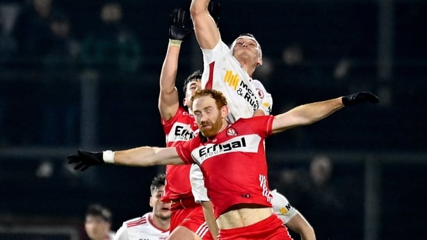 31 January 2026; Conn Kilpatrick of Tyrone in action against Conor Glass of Derry during the Allianz Football League Division 2 match between Derry and Tyrone at Celtic Park in Derry. Photo by Oliver McVeigh/Sportsfile