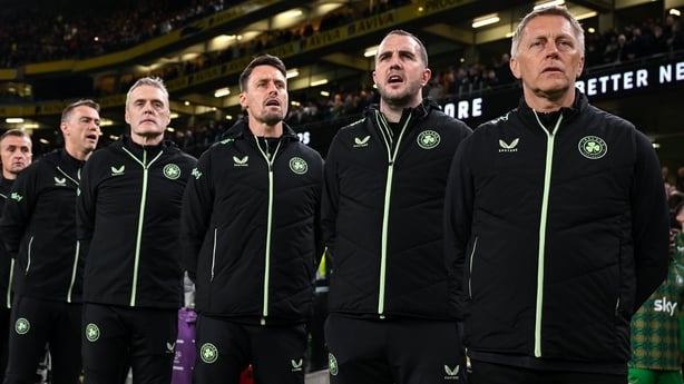 Republic of Ireland head coach Heimir Hallgrimsson, right, and Republic of Ireland staff before the UEFA Nations League B/C Play-off 2nd Leg match between Republic of Ireland and Bulgaria at the Aviva Stadium in Dublin. 