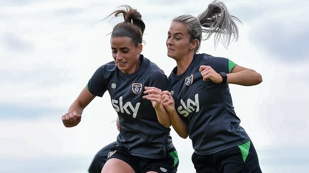 Chloe Mustaki, left, and Lily Agg during a Republic of Ireland Women training session at FAI Headquarters in Abbotstown, Dublin