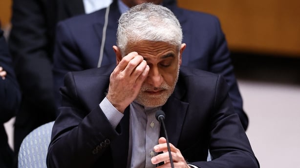 Iranian Ambassador to the UN Amir-Saeid Iravani gestures during a United Nations Security Council meeting on the situation in the Middle East at UN headquarters