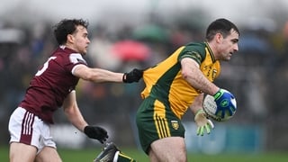 1 March 2026; Caolan McGonagle of Donegal in action against Robert Finnerty of Galway during the Allianz Football League Division 1 match between Donegal and Galway at Fr Tierney Park in Ballyshannon, Donegal. Photo by Ramsey Cardy/Sportsfile