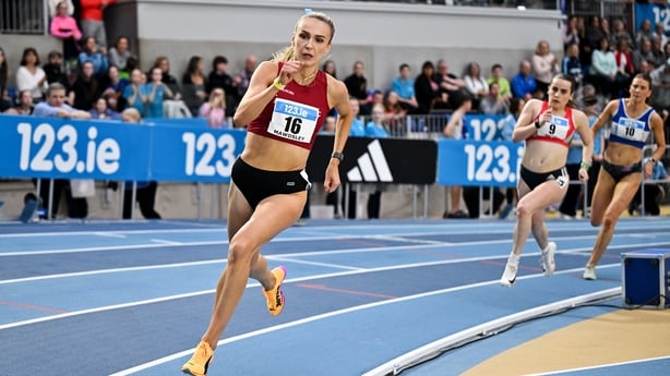 1 March 2026; Sharlene Mawdsley of Newport AC, Tipperary, on her way to winning the women's 400m during day two of the 123.ie National Senior Indoor Championships at the National Indoor Arena on the Sport Ireland Campus in Dublin. Photo by Sam Barnes/Sportsfile 