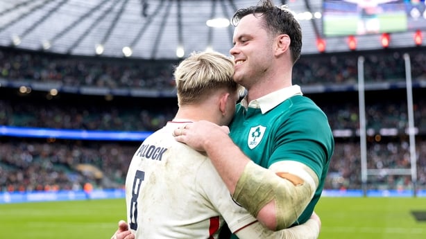 LONDON, ENGLAND - FEBRUARY 21: Henry Pollock of England interacts with James Ryan of Ireland after the Guinness Six Nations 2026 match between England and Ireland at Allianz Stadium on February 21, 2026 in London, England. (Photo by Dan Mullan - RFU/The RFU Collection via Getty Images)