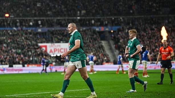 Jacob Stockdale, left, and Tommy O'Brien of Ireland during the Guinness 6 Nations Rugby Championship match between France and Ireland at Stade de France in Paris, France.
