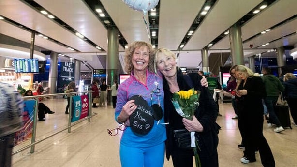 Elaine Gleeson welcomes home her sister Nora Geary from Limerick to Dublin Airport ,