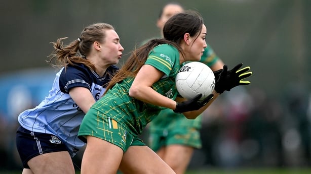 Dublin's Hannah Leahy tackles Rachel Casserly of Meath during the side's Division 1 league encounter earlier this year