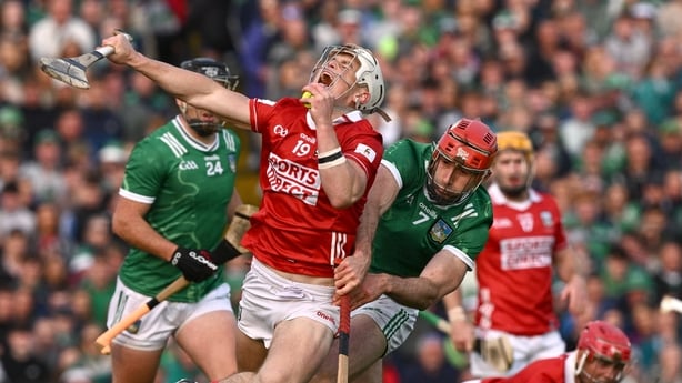 7 June 2025; Tommy O'Connell of Cork is tackled by Barry Nash of Limerick during the Munster GAA Hurling Senior Championship final match between Limerick and Cork at TUS Gaelic Grounds in Limerick. Photo by Ray McManus/Sportsfile