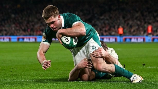 6 March 2026; Jack Crowley of Ireland scores his side's second try during the Guinness 6 Nations Rugby Championship match between Ireland and Wales at the Aviva Stadium in Dublin. Photo by Ramsey Cardy/Sportsfile