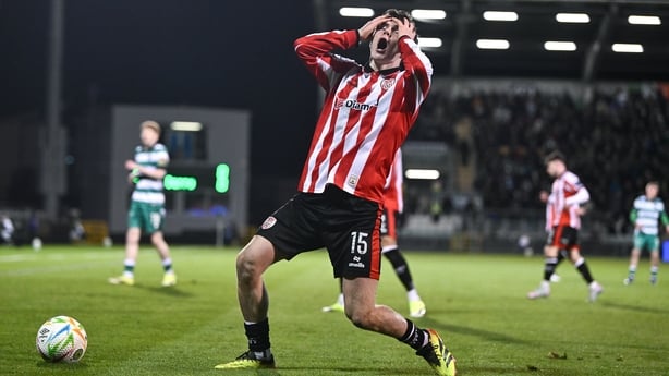James Clarke of Derry City reacts during the SSE Airtricity Men's Premier Division match between Shamrock Rovers and Derry City at Tallaght Stadium in Dublin. Photo by Ben McShane/Sportsfile