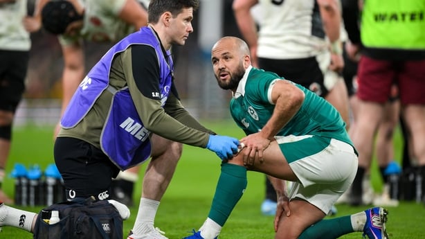 6 March 2026; Jamison Gibson-Park of Ireland receives medical attention from Ireland team doctor Stuart O'Flanagan during the Guinness 6 Nations Rugby Championship match between Ireland and Wales at the Aviva Stadium in Dublin. Photo by Brendan Moran/Sportsfile