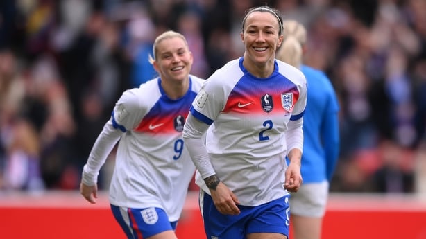 Lucy Bronze of England (r) after scoring against Iceland in World Cup qualifier - March 2026