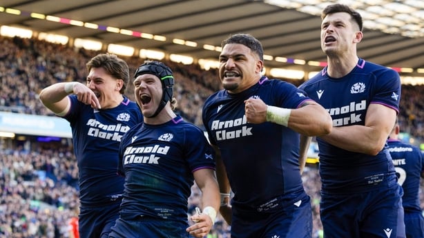 EDINBURGH, SCOTLAND - MARCH 07: Scotland's Darcy Graham (centre) celebrates scoring his side's sixth try during a Guinness Six Nations match between Scotland and France at Scottish Gas Murrayfield, on March 07, 2026, in Edinburgh, Scotland. (Photo by Ross Parker/SNS Group via Getty Images)