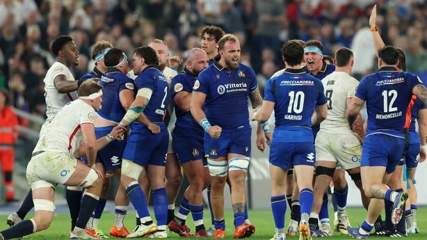 ROME, ITALY - MARCH 07: Niccolo Cannone of Italy celebrates a penalty awarded to his team following a scrum during the Guinness Six Nations 2026 match between Italy and England at Stadio Olimpico on March 07, 2026 in Rome, Italy. (Photo by David Rogers/Getty Images)