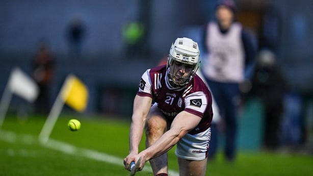  Rory Burke of Galway scores a point from a sideline ball v Kilkenny - 2026 Allianz League