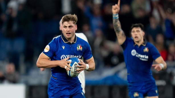 Leonardo Marin of Italy runs to scores his side's second try during the Guinness Men's Six Nations Rugby match between Italy and England at Stadio Olimpico on March 7, 2026 in Rome, Italy. (Photo by Giuseppe Maffia/NurPhoto via Getty Images)