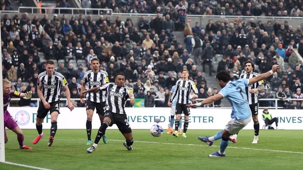 Omar Marmoush of Manchester City scores his team's second goal during the Emirates FA Cup Fifth Round match between Newcastle United and Manchester City at St. James' Park on March 07, 2026 in Newcastle upon Tyne, England. (Photo by George Wood/Getty Images)