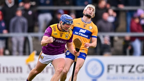 8 March 2026; Simon Roche of Wexford celebrates scoring his side's first goal during the Allianz Hurling League Division 1B match between Clare and Wexford at Zimmer Biomet Páirc ChÃosóg in Ennis, Clare. Photo by Piaras Ó MÃdheach/Sportsfile