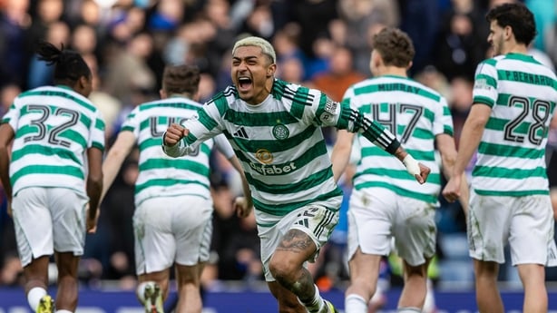 GLASGOW, SCOTLAND - MARCH 08: Celtic's Julian Araujo celebrates after winning the penalty shootout during a Scottish Gas Scottish Cup Quarter-Final match between Rangers and Celtic at Ibrox Stadium, on March 08, 2026, in Glasgow, Scotland. (Photo by Craig Williamson/SNS Group via Getty Images)