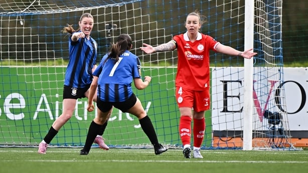 Dana Scheriff of Athlone Town, left, celebrates after scoring her side's first goal during the 2026 Women's President's Cup final match between Athlone Town and Shelbourne at Athlone Town Stadium in Westmeath. Photo by Seb Daly/Sportsfile