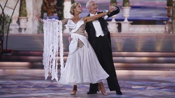 Traitors Contestant Paudie Moloney with Pro Dancer Laura Nolan during the live show of RTE's Dancing With The Stars.Pic:Kyran O'Brien /kobpixNO FEE FOR REPRO During show run++++++FEE applies to Photographs used after Show run finishes.++++++++++