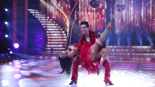 Ireland AM Host Eric Roberts with Pro Dancer Arianna Favaro during the live show of RTE's Dancing With The Stars.Pic:Kyran O'Brien /kobpixNO FEE FOR REPRO During show run++++++FEE applies to Photographs used after Show run finishes.++++++++++
