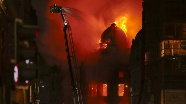 GLASGOW, SCOTLAND - MARCH 08: The Fire Brigade fight a blaze in the vicinity of Central Station on March 08, 2026 in Glasgow, Scotland. Glasgow Central Station is closed due to a major fire and explosion at a building on nearby Union Street. Firefighters are at the scene and all trains to and from t