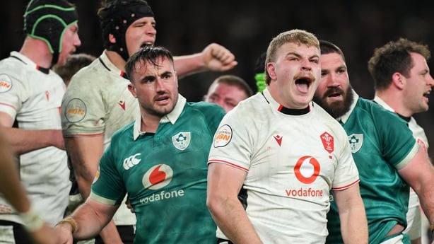 6 March 2026; Archie Griffin of Wales celebrates winning a scrum penaty during the Guinness 6 Nations Rugby Championship match between Ireland and Wales at the Aviva Stadium in Dublin. Photo by Brendan Moran/Sportsfile