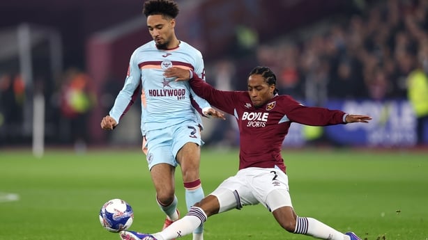 LONDON, ENGLAND - MARCH 09: Kevin Schade of Brentford is challenged by Kyle Walker-Peters of West Ham United during the Emirates FA Cup Fifth Round match between West Ham United and Brentford at London Stadium on March 09, 2026 in London, England. (Photo by Julian Finney/Getty Images)