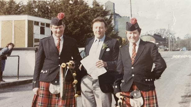 Bertie McMahon standing inbetween and members of Tubberclaire Pipe Band in 1985