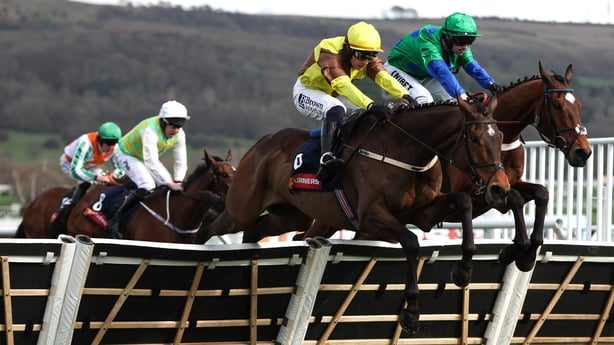 Cheltenham , United Kingdom - 11 March 2026: King Rasko Grey, with Paul Townend up, jump the last ahead of Act of Innocence, with Nico de Boinville up, who finished second, on their way to winning the Turners Novices' Hurdle on day two of the 2026 Cheltenham Racing Festival at Prestbury Park in Chel