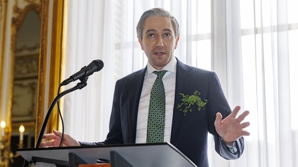 Tánaiste and Finance Minister Simon Harris speaking during a St. Patrick's Day political reception at the Embassy of Ireland in Paris