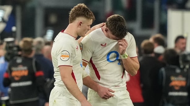 STADIO OLIMPICO, ROMA, ITALY - 2026/03/07: Dejection of Fin Smith and Tommy Freeman of England during the Six Nations 2026 rugby match between Italy and England. Italy defeats England 23-18. (Photo by Antonietta Baldassarre/Insidefoto/LightRocket via Getty Images)