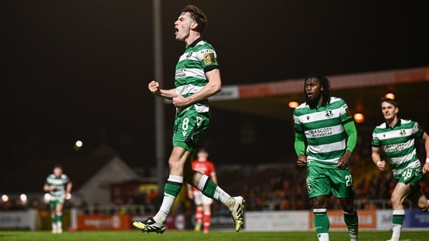 13 March 2026; Matt Healy of Shamrock Rovers celebrates after scoring his side's first goal during the SSE Airtricity Men's Premier Division match between Sligo Rovers and Shamrock Rovers at The Showgrounds in Sligo. Photo by Ben McShane/Sportsfile