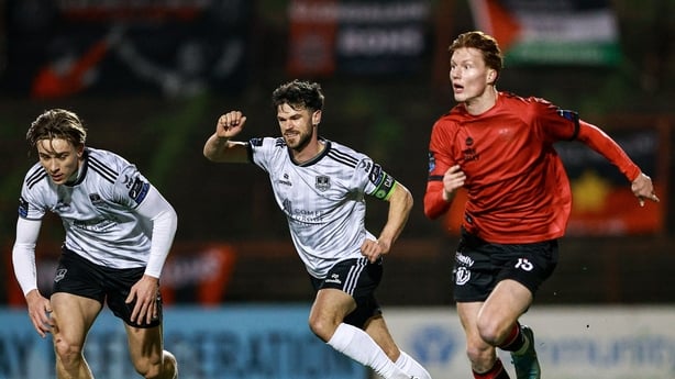 13 March 2026; Senan Mullen of Bohemians in action against Jimmy Keohane of Galway United during the SSE Airtricity Men's Premier Division match between Bohemians and Galway United at Dalymount Park in Dublin. Photo by Thomas Flinkow/Sportsfile