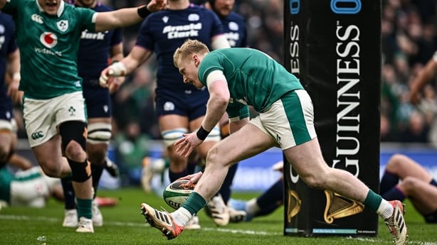 14 March 2026; Jamie Osborne of Ireland scores his side's first try during the Guinness 6 Nations Rugby Championship match between Ireland and Scotland at the Aviva Stadium in Dublin. Photo by Seb Daly/Sportsfile
