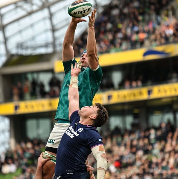 14 March 2026; Tadhg Beirne of Ireland wins possession in the lineout against Jack Dempsey of Scotland during the Guinness 6 Nations Rugby Championship match between Ireland and Scotland at the Aviva Stadium in Dublin. Photo by Ramsey Cardy/Sportsfile